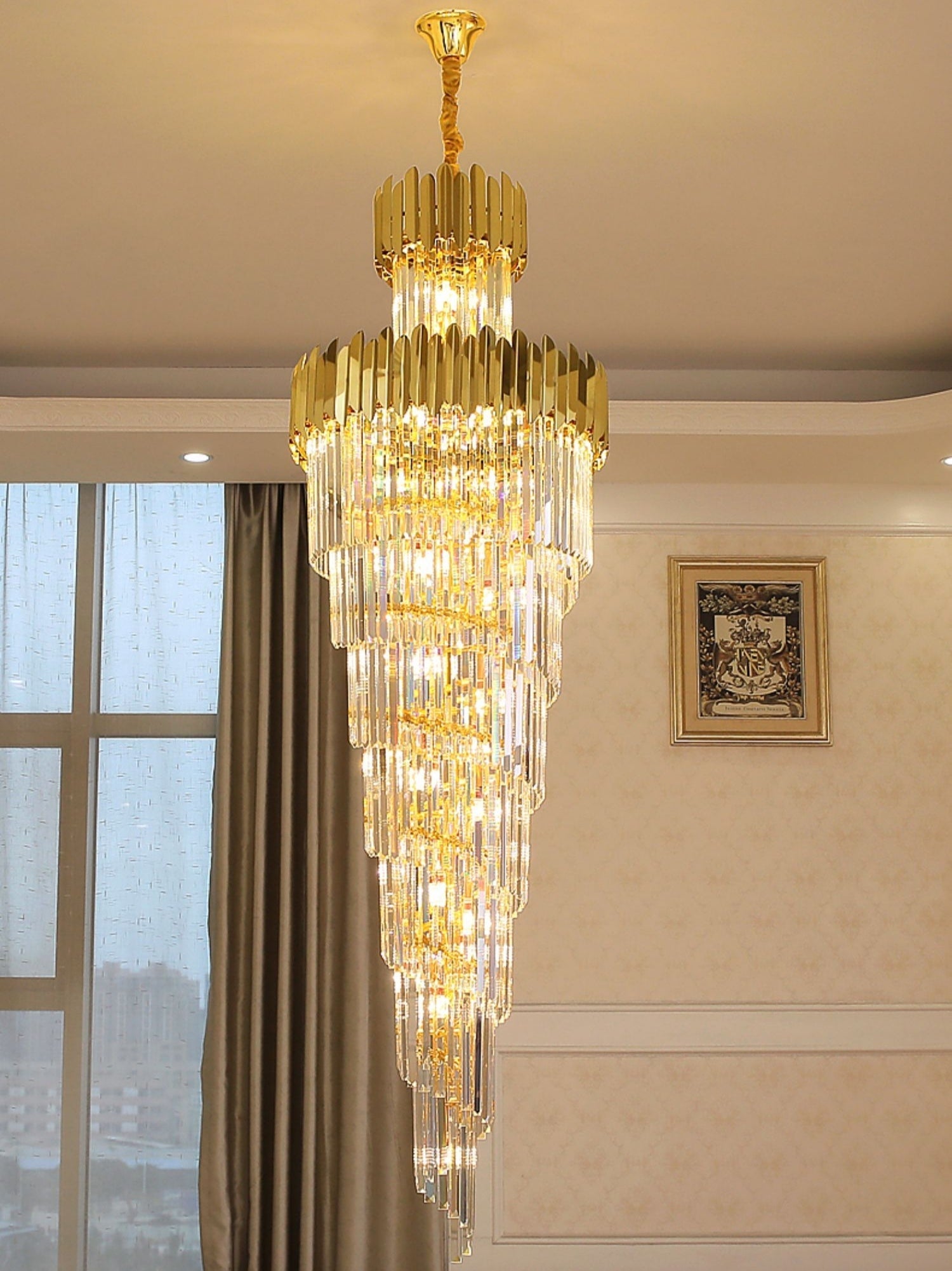 Luxury Gold Trimmed Long Crystal Chandelier Foyer Staircase Extra Large Ceiling Light Fixture