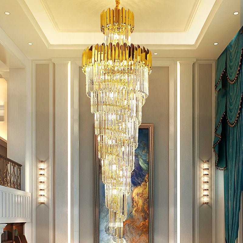 Luxury Gold Trimmed Long Crystal Chandelier Foyer Staircase Extra Large Ceiling Light Fixture