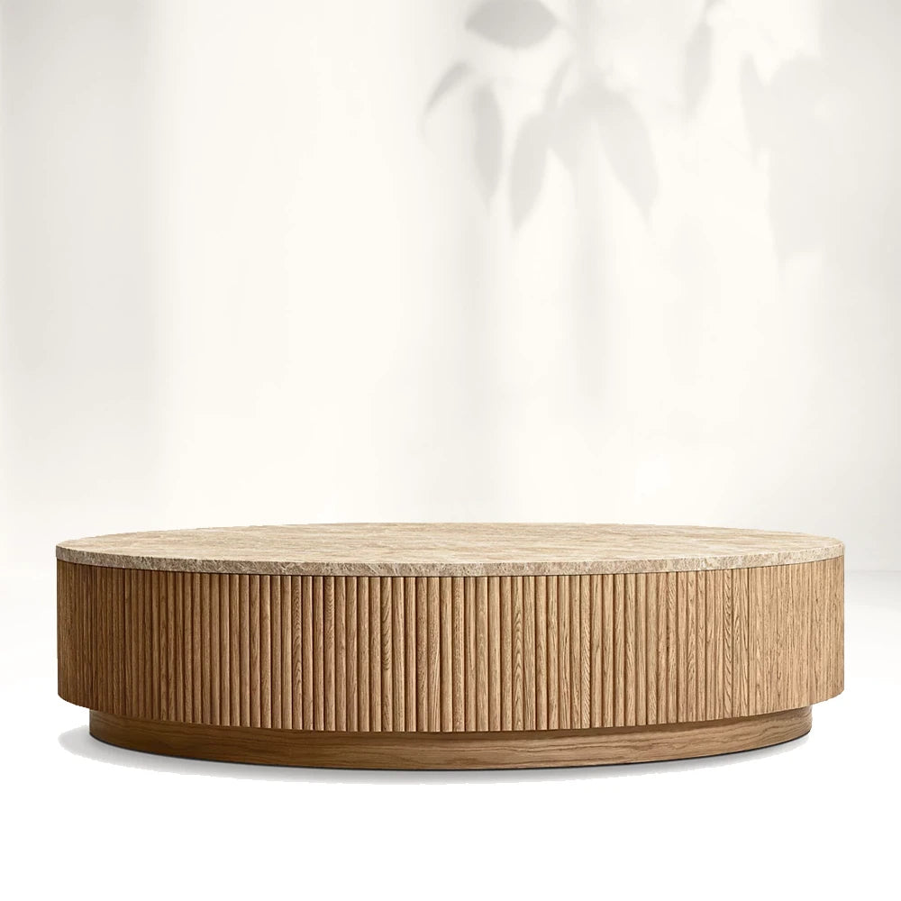 Mulho Oak Wood & Stone Round Coffee Table