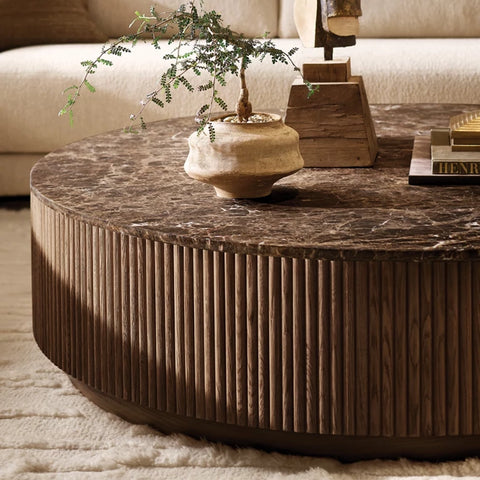 Mulho Oak Wood & Stone Round Coffee Table