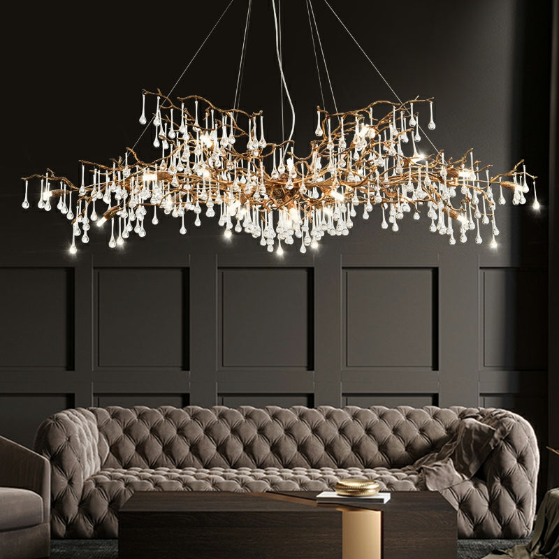 New Style Extra Large Brass Branch Chandelier Light Crystal Drops Pendant Lamp For Living/ Dining Room