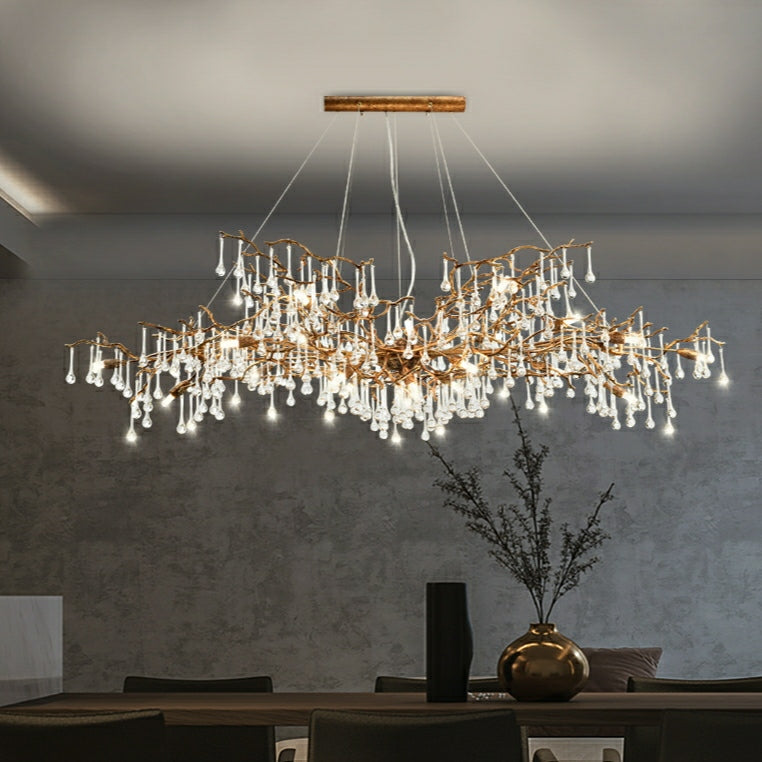 New Style Extra Large Brass Branch Chandelier Light Crystal Drops Pendant Lamp For Living/ Dining Room