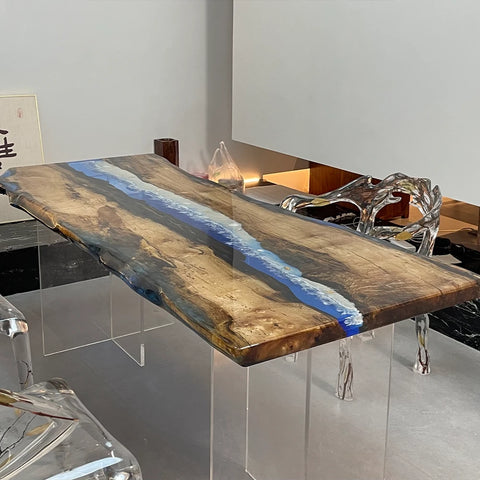 Ocean Blue Epoxy Teak Wood Dining Table