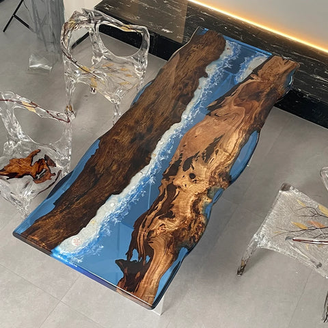 Ocean Blue Epoxy Teak Wood Dining Table