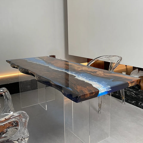 Ocean Blue Epoxy Teak Wood Dining Table