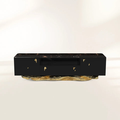 Black Gold Media Console with Marble Top and Hidden Storage