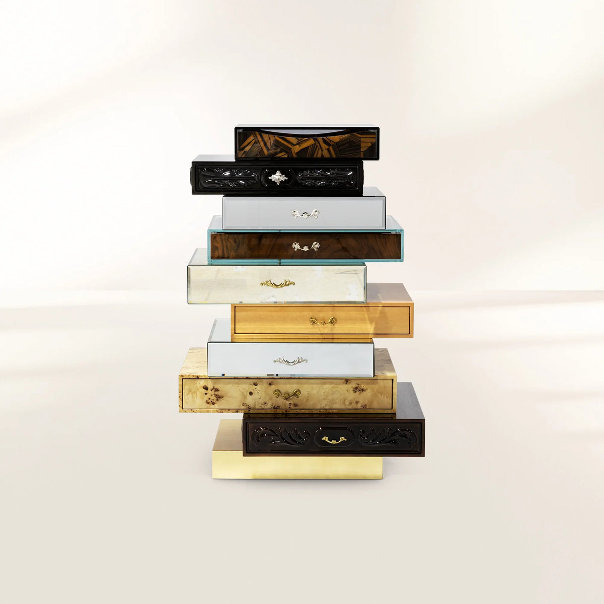 Walnut Brass Storage Drawers Chest of Drawers