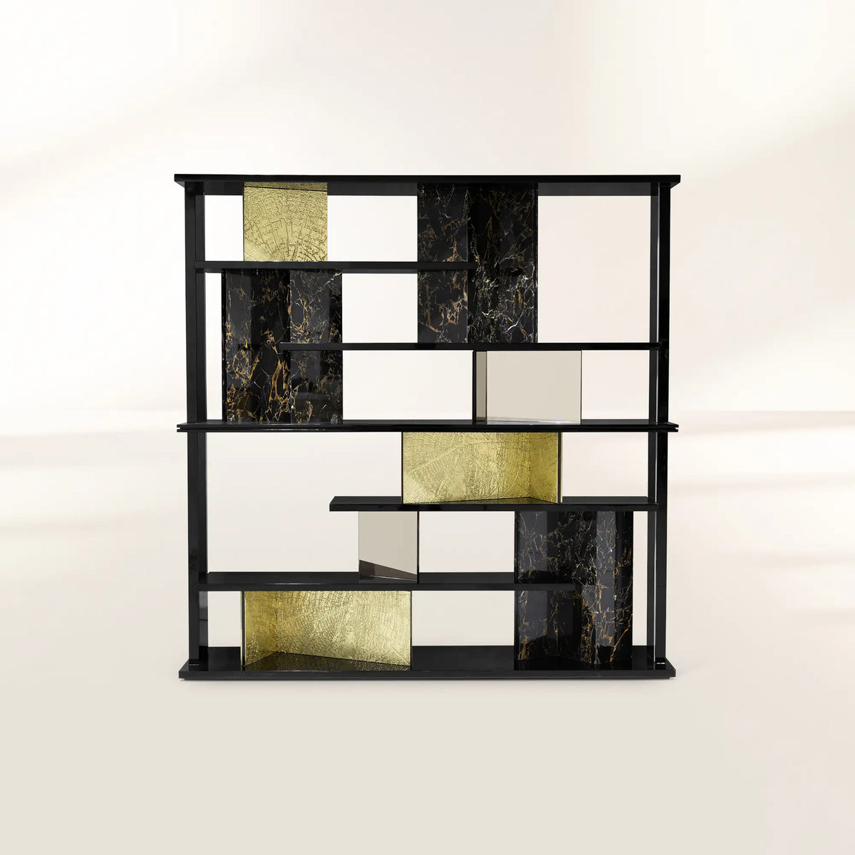 Double-Sided Bookcase with LED Lighting, Marble Shelves and