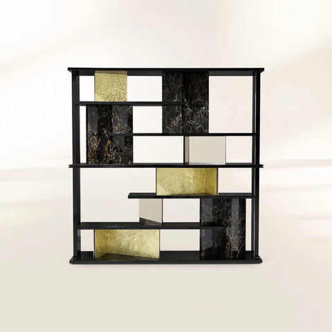 Double-Sided Bookcase with LED Lighting, Marble Shelves and