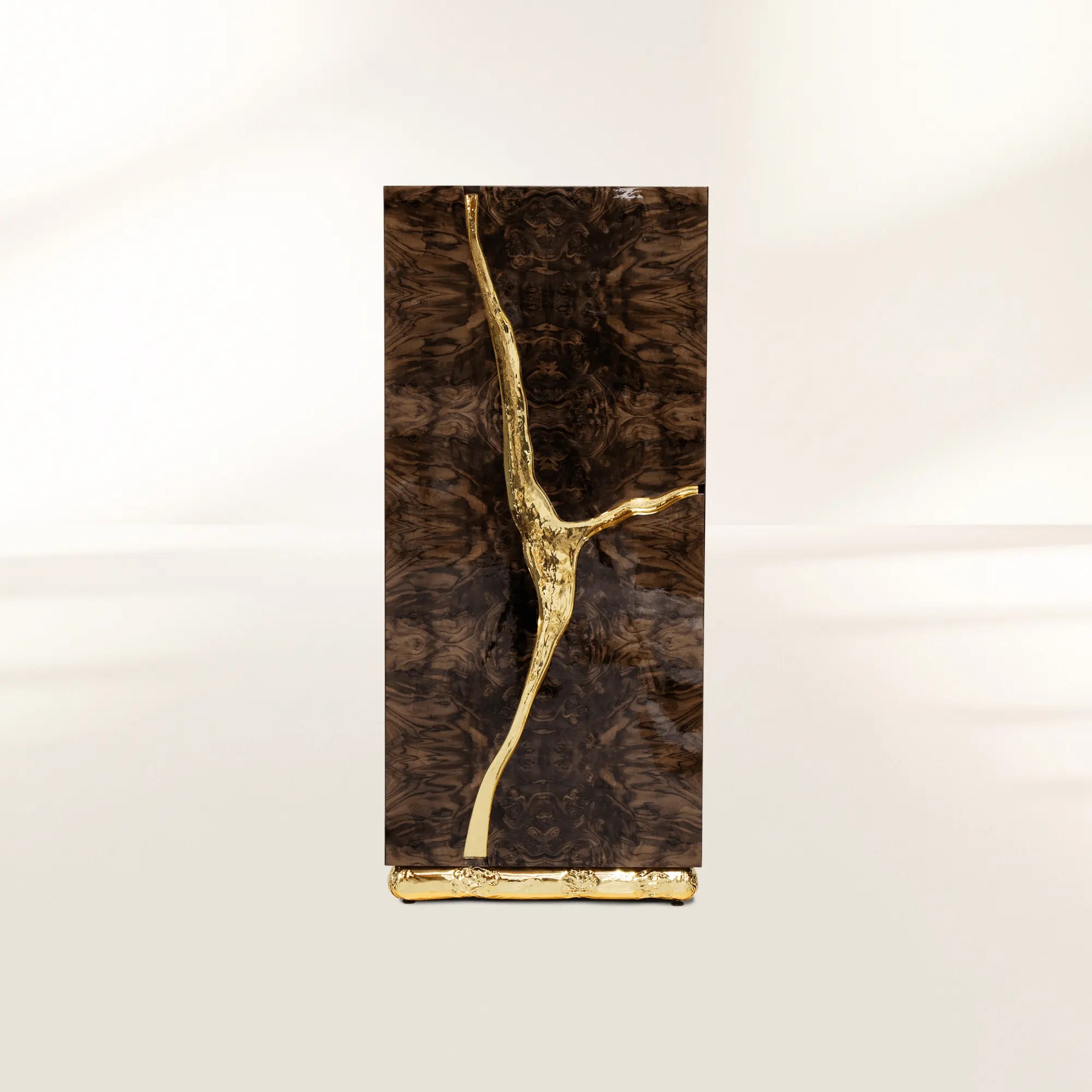 Walnut Brass Hidden Storage Display Cabinet Brass Accents