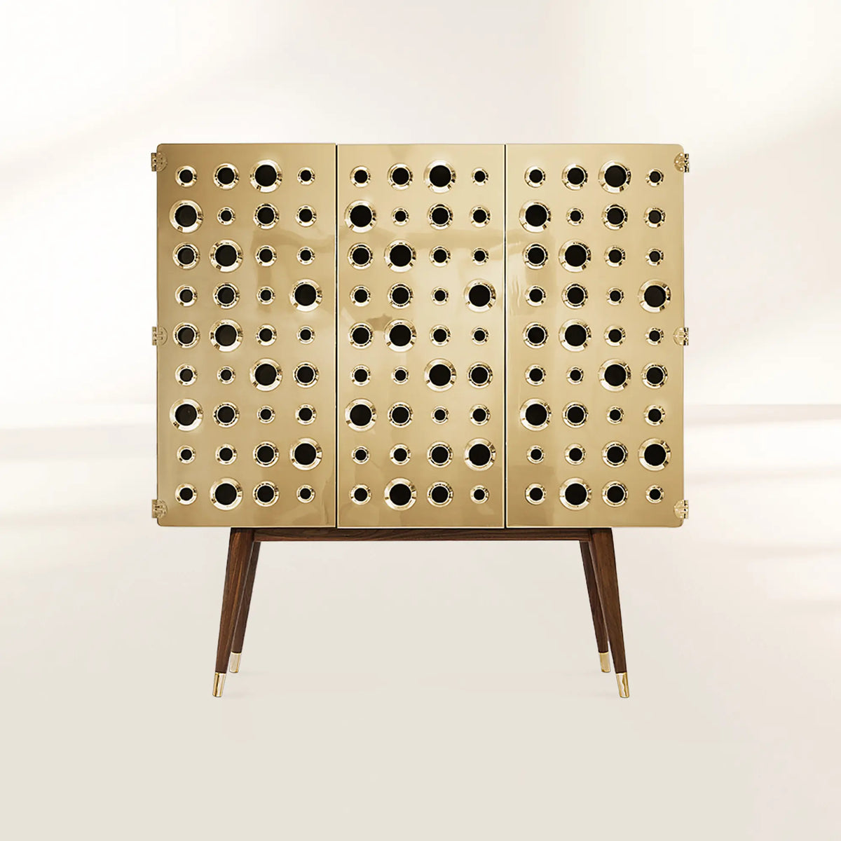 Walnut Bar Cabinet with Brass Accents and Hidden Storage