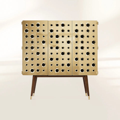 Walnut Bar Cabinet with Brass Accents and Hidden Storage