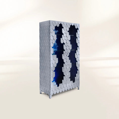 Glass Wood Blue Sculptural Form Display Cabinet