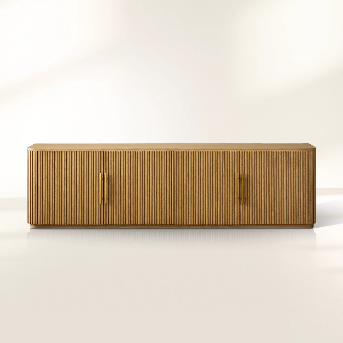 Finnley Reeded Wood Media Console with Modern White Oak TV Stand Living Room Television Storage Unit