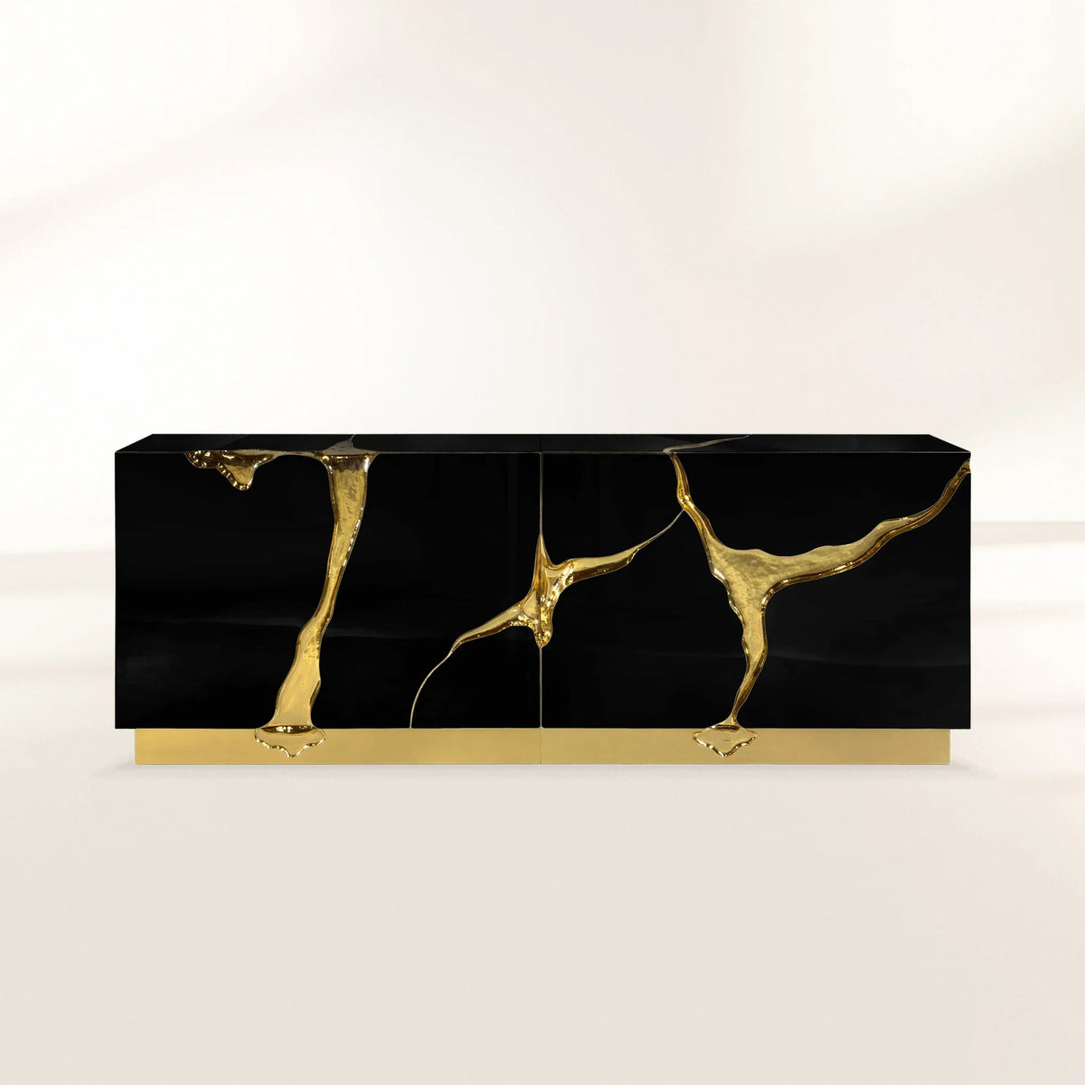 Black Gold Sideboard Cabinet with Sculptural Cracked Design