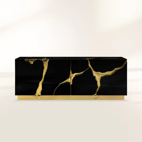Black Gold Sideboard Cabinet with Sculptural Cracked Design