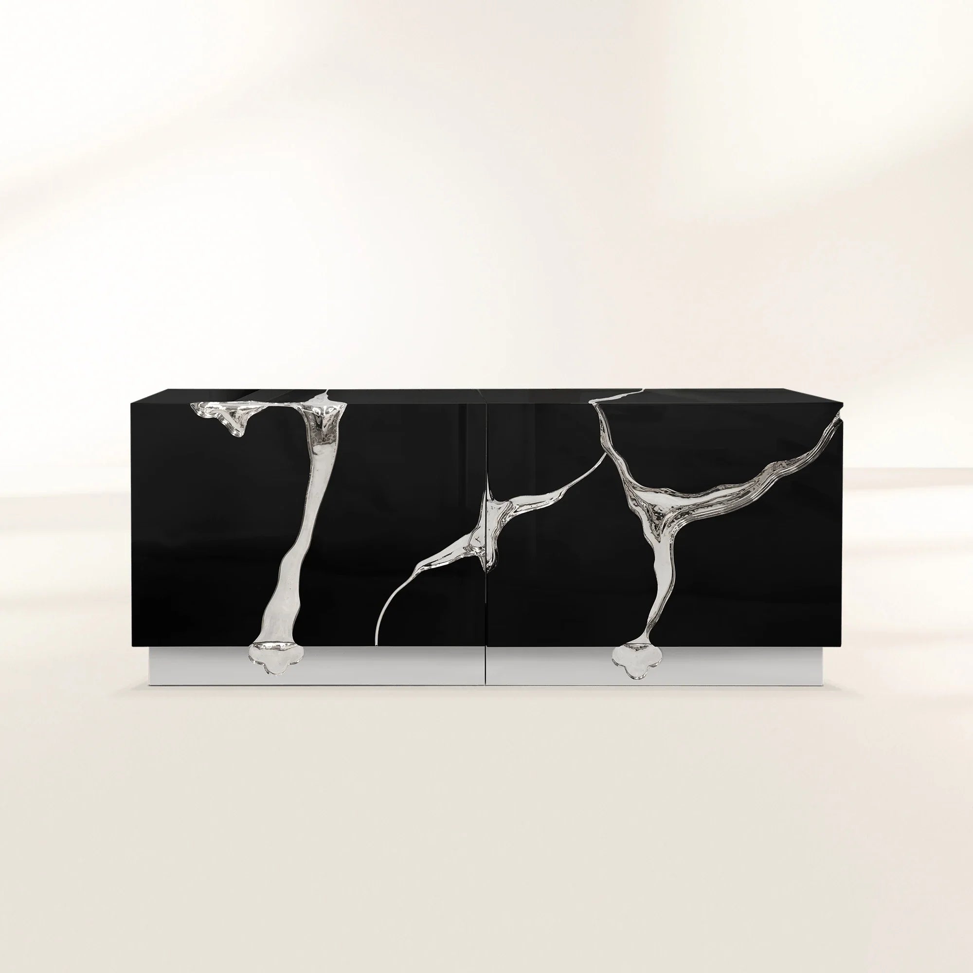 Black Gold Sideboard Cabinet with Sculptural Cracked Design