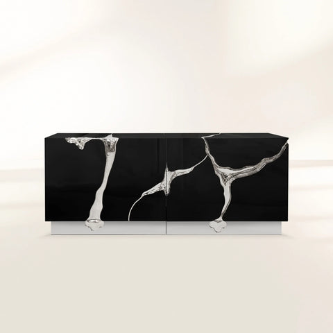 Black Gold Sideboard Cabinet with Sculptural Cracked Design