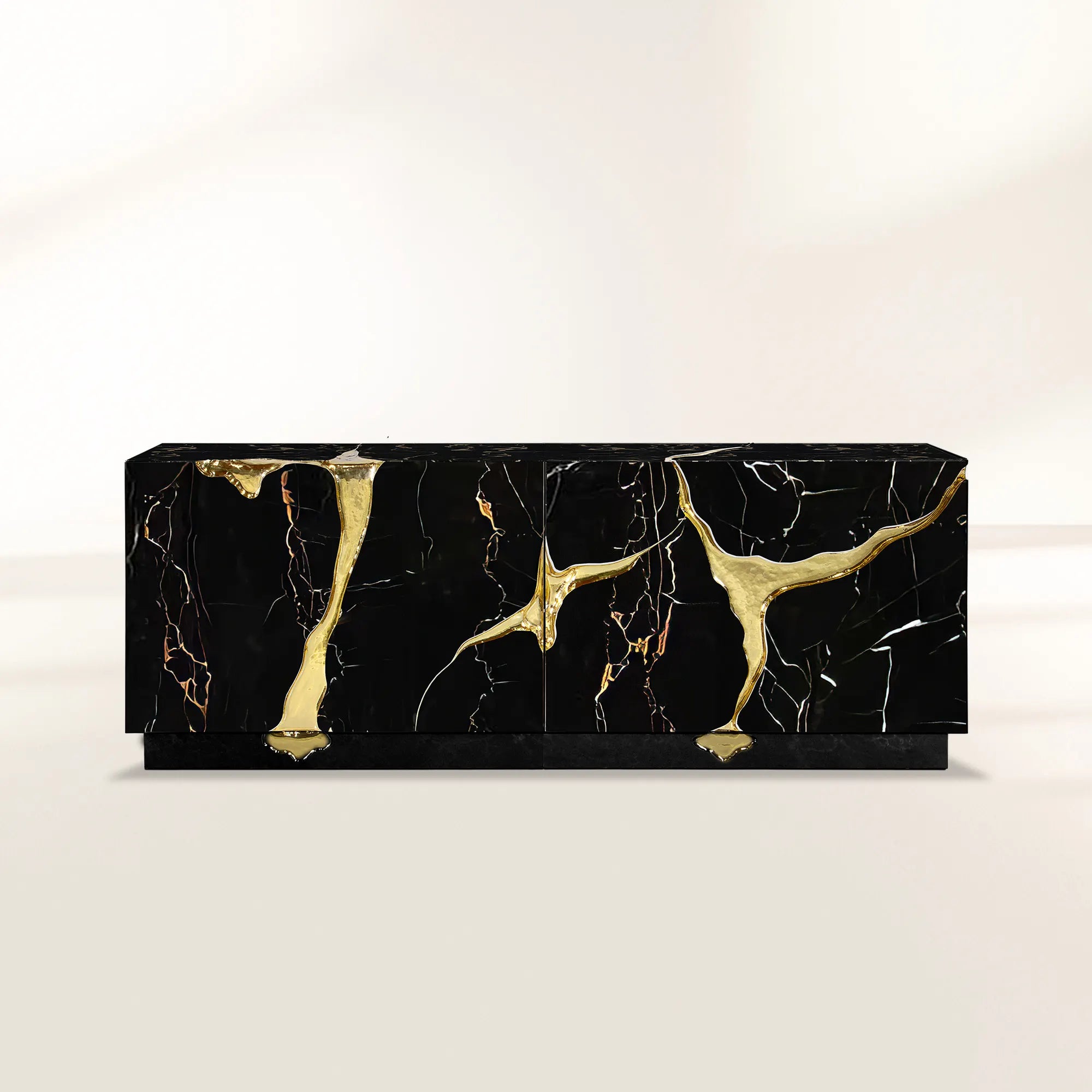 Black Gold Sideboard Cabinet with Sculptural Cracked Design