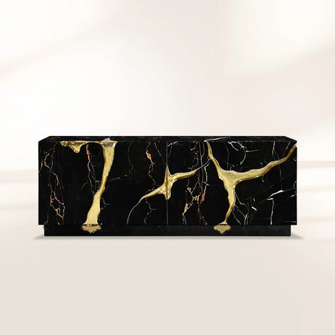 Black Gold Sideboard Cabinet with Sculptural Cracked Design