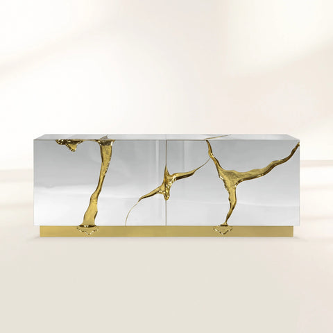 Black Gold Sideboard Cabinet with Sculptural Cracked Design
