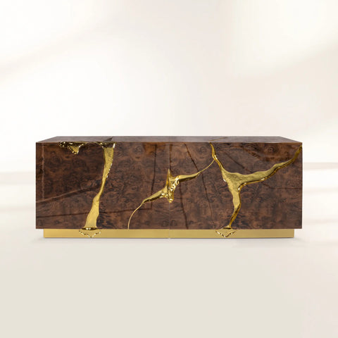 Black Gold Sideboard Cabinet with Sculptural Cracked Design