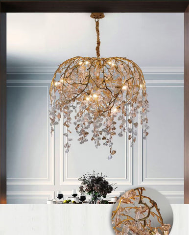 Modern Luxury Leaf Branch Crystal Chandelier Art Copper for Living/Dining Room/Bedroom