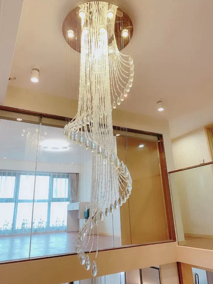 Flush Mounted Spiral Crystal Drops Chandelier Round LED Ceiling Lighting Fixture For Foyer Staircase/ Hotel Entrance