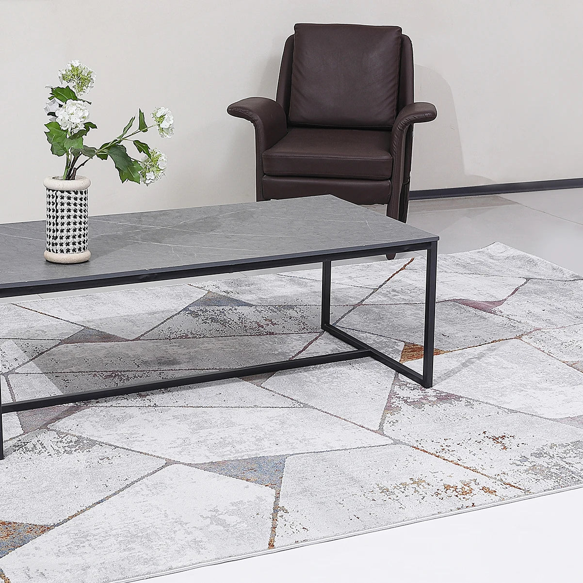 Torino Fragmented Facet Geometric Abstract Neutral Area Rug