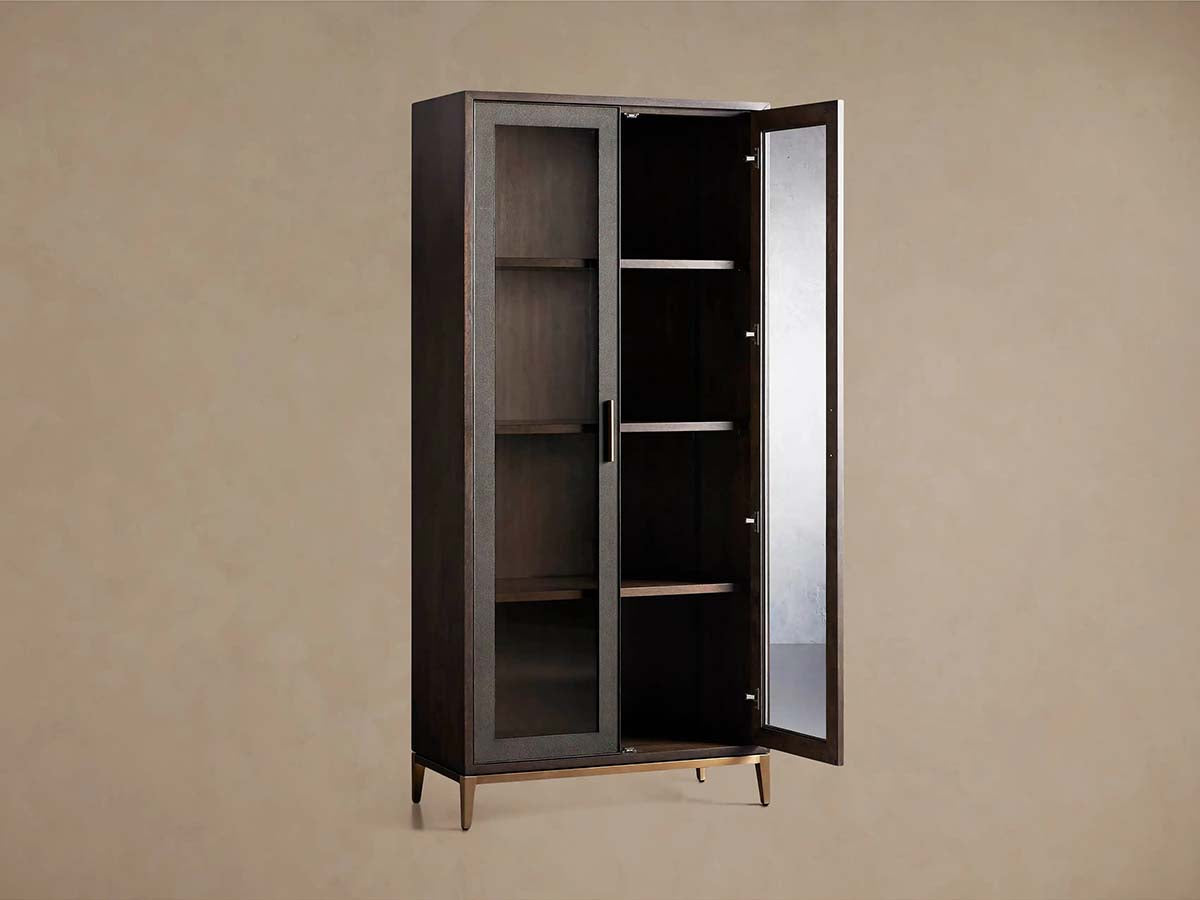 Malone Textured Leather Tall Display Cabinet with Minimalist Style Solid Wood Storage Cabinet with Glass Doors