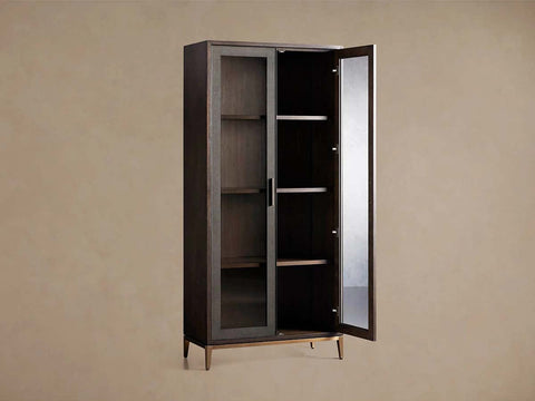 Malone Textured Leather Tall Display Cabinet with Minimalist Style Solid Wood Storage Cabinet with Glass Doors