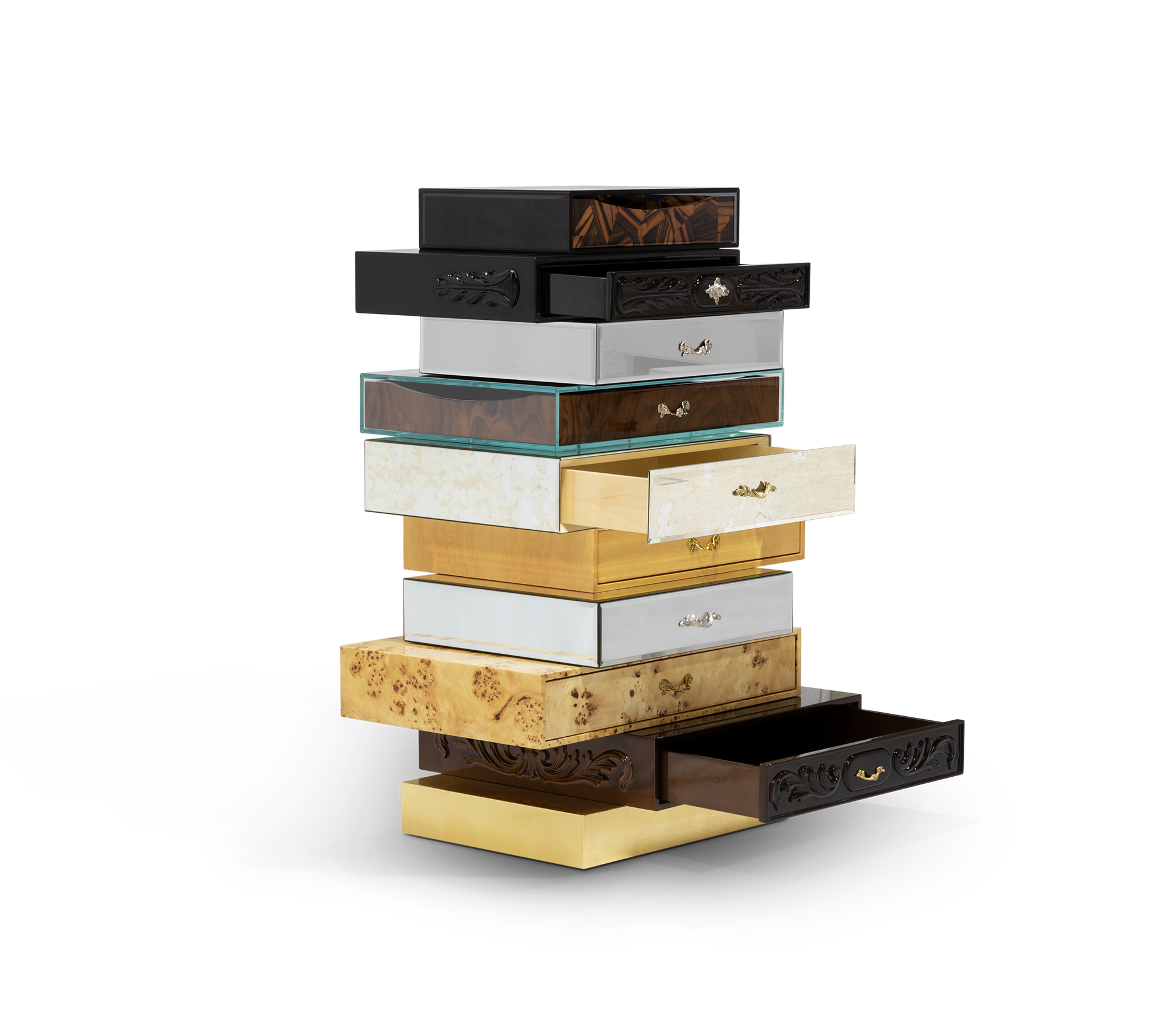 Walnut Brass Storage Drawers Chest of Drawers
