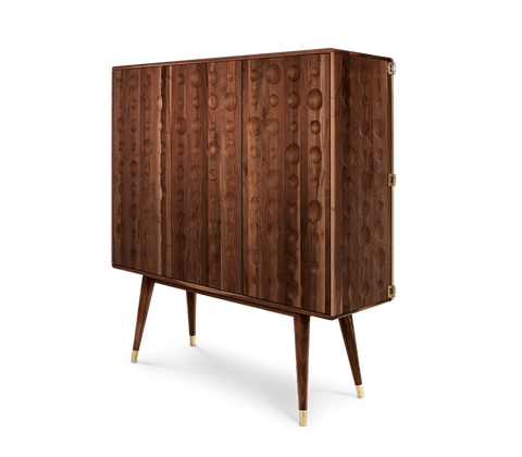 Walnut Bar Cabinet with Brass Accents and Hidden Storage