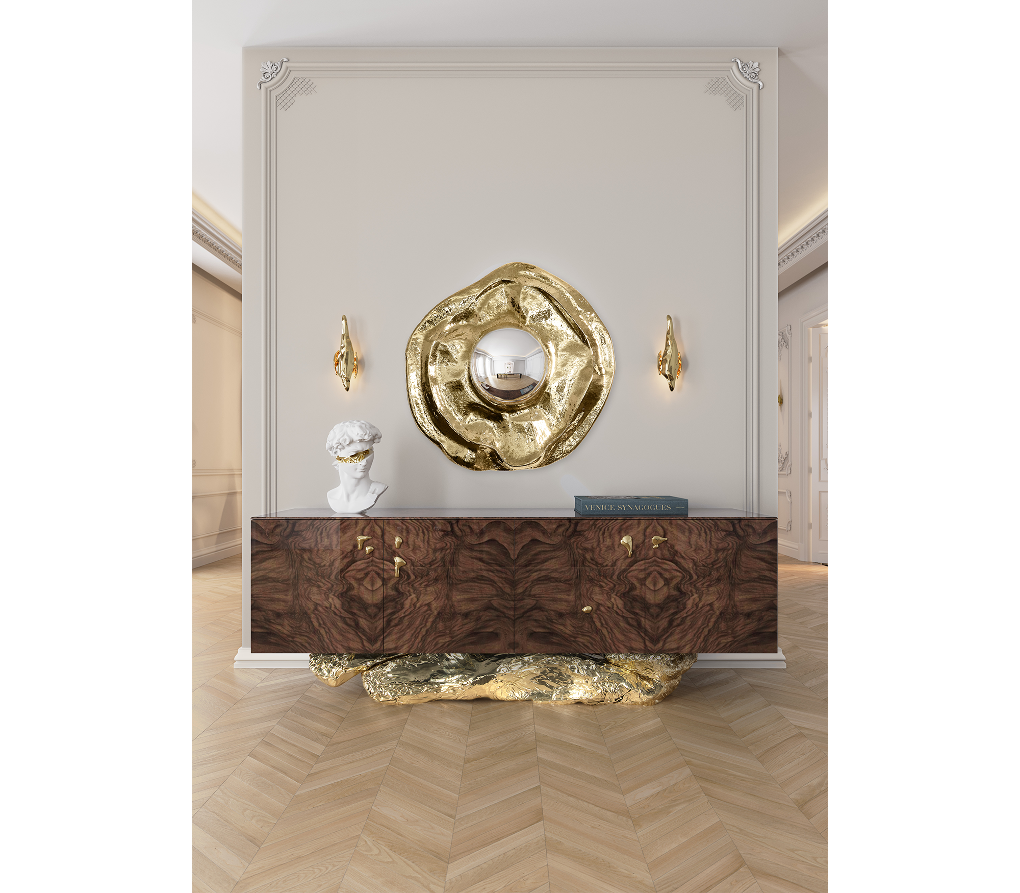 Gold Hidden Storage Sculptural Form Sideboard Dining Room