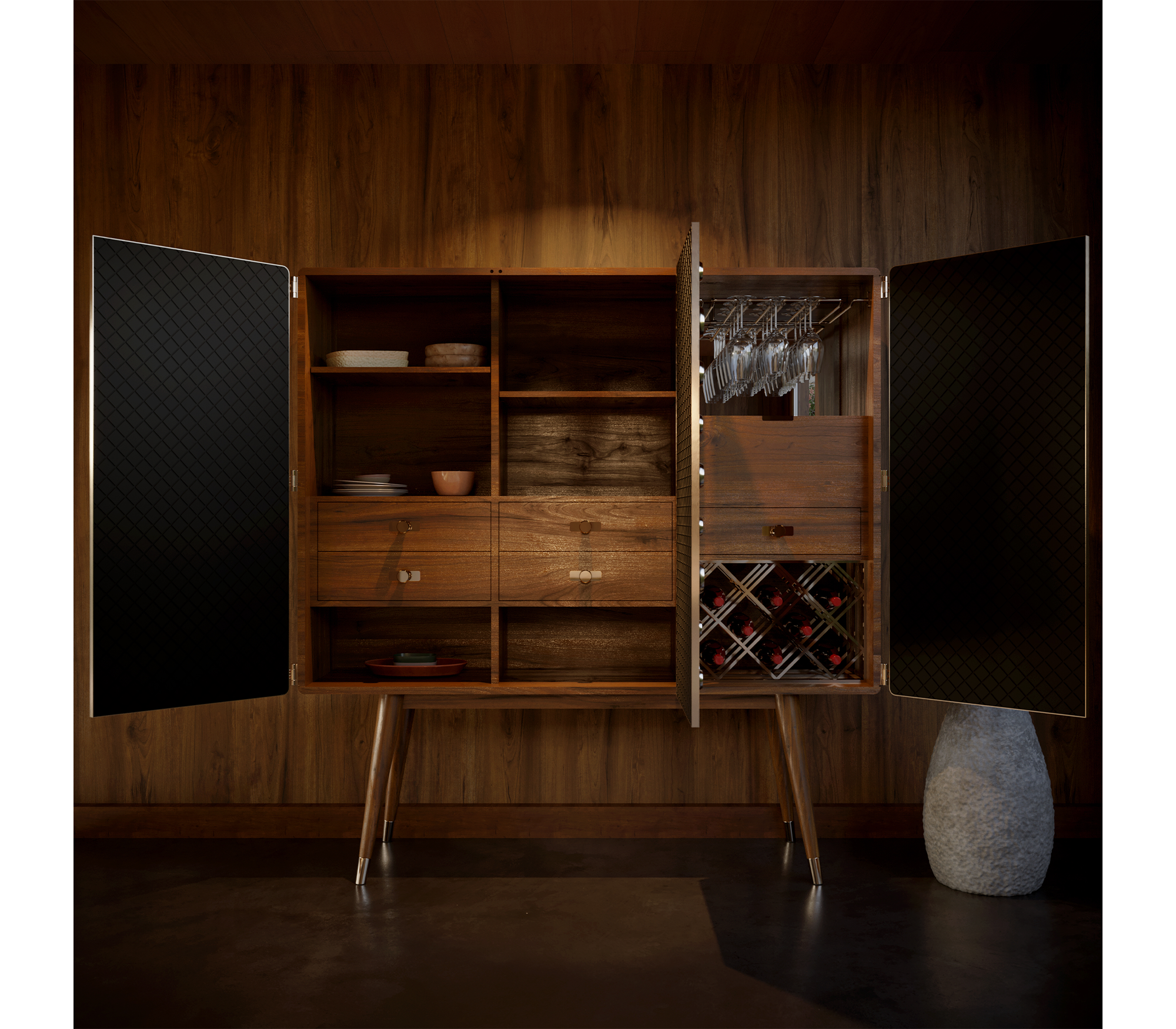 Walnut Bar Cabinet with Brass Accents and Hidden Storage