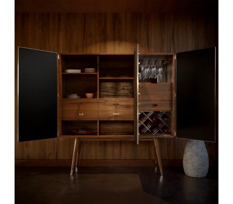 Walnut Bar Cabinet with Brass Accents and Hidden Storage