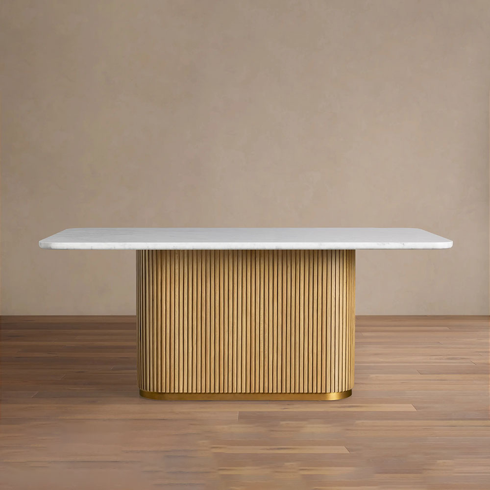 Finnley Rectangle Dining Table with Stone Top Reeded Oak Base