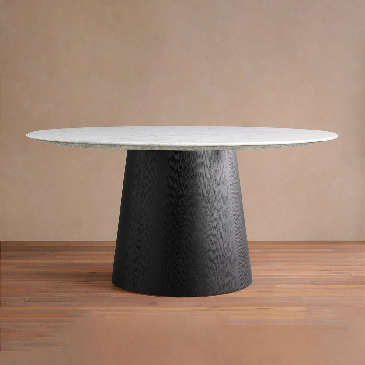 Saint Germain Round Dining Table with Carrara Marble Top Wood Toulouse Base
