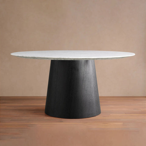 Saint Germain Round Dining Table with Carrara Marble Top Wood Toulouse Base