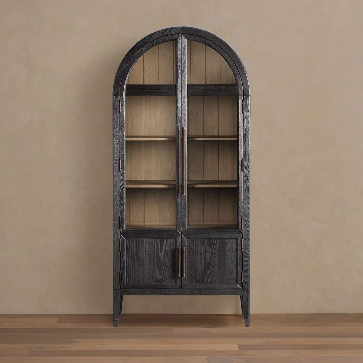 Hattie Glass Tall Display Cabinet Oak Wood Living Room Storage Cabinet