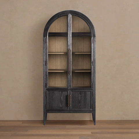 Hattie Glass Tall Display Cabinet with Oak Wood Living Room Storage Cabinet