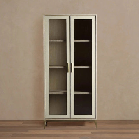 Malone Textured Leather Tall Display Cabinet with Minimalist Style Solid Wood Storage Cabinet with Glass Doors