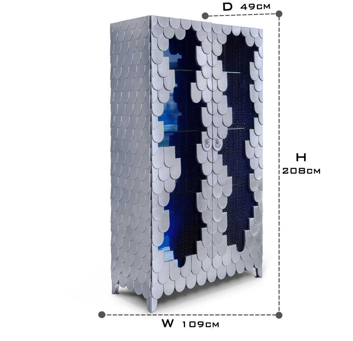 Glass Wood Blue Sculptural Form Display Cabinet
