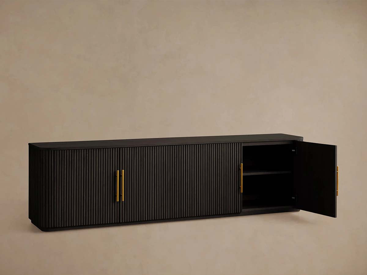 Finnley Reeded Wood Media Console with Modern White Oak TV Stand Living Room Television Storage Unit