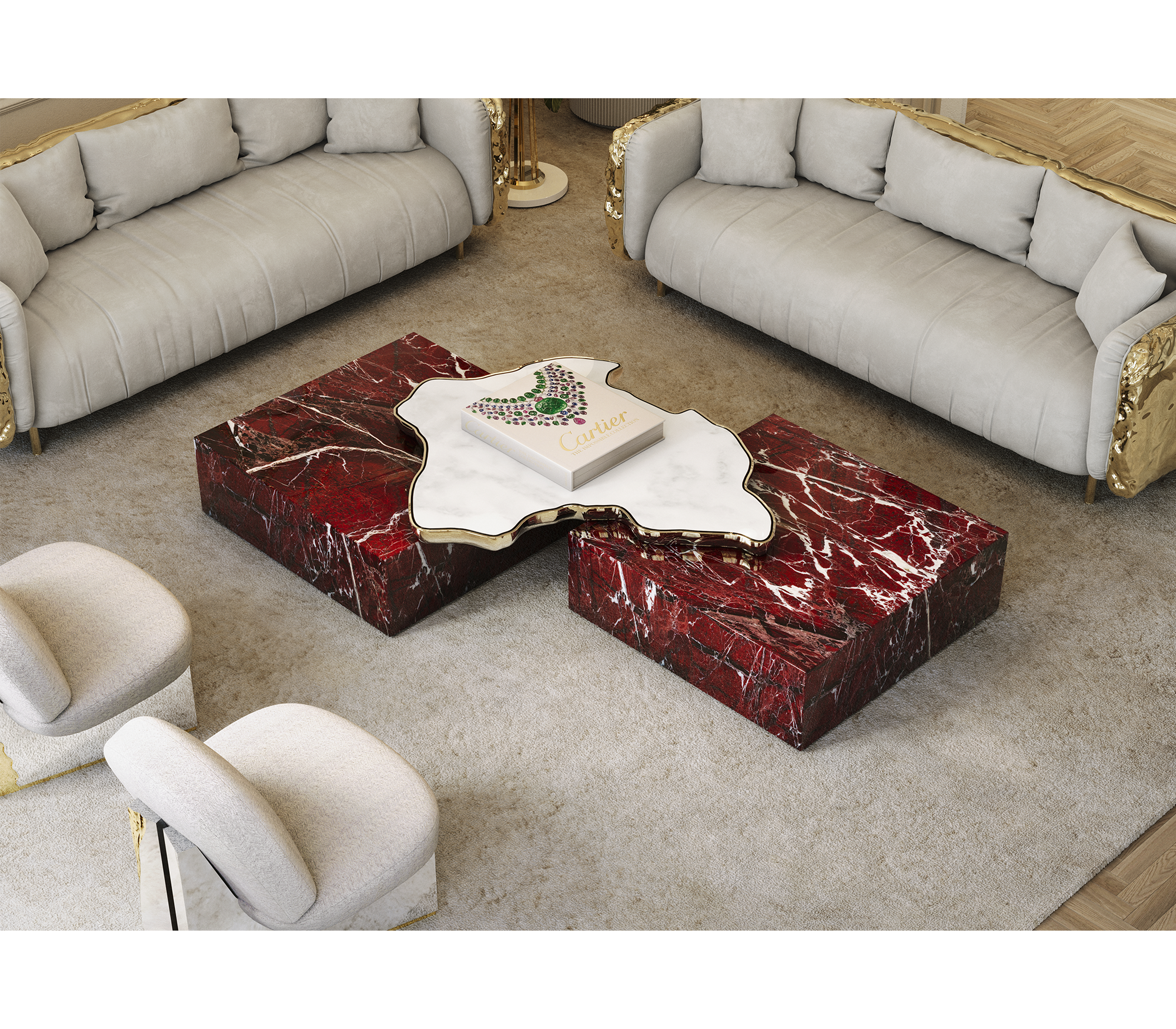 Luxury Sculptural Coffee Table Black & White High-Gloss Marble Finish