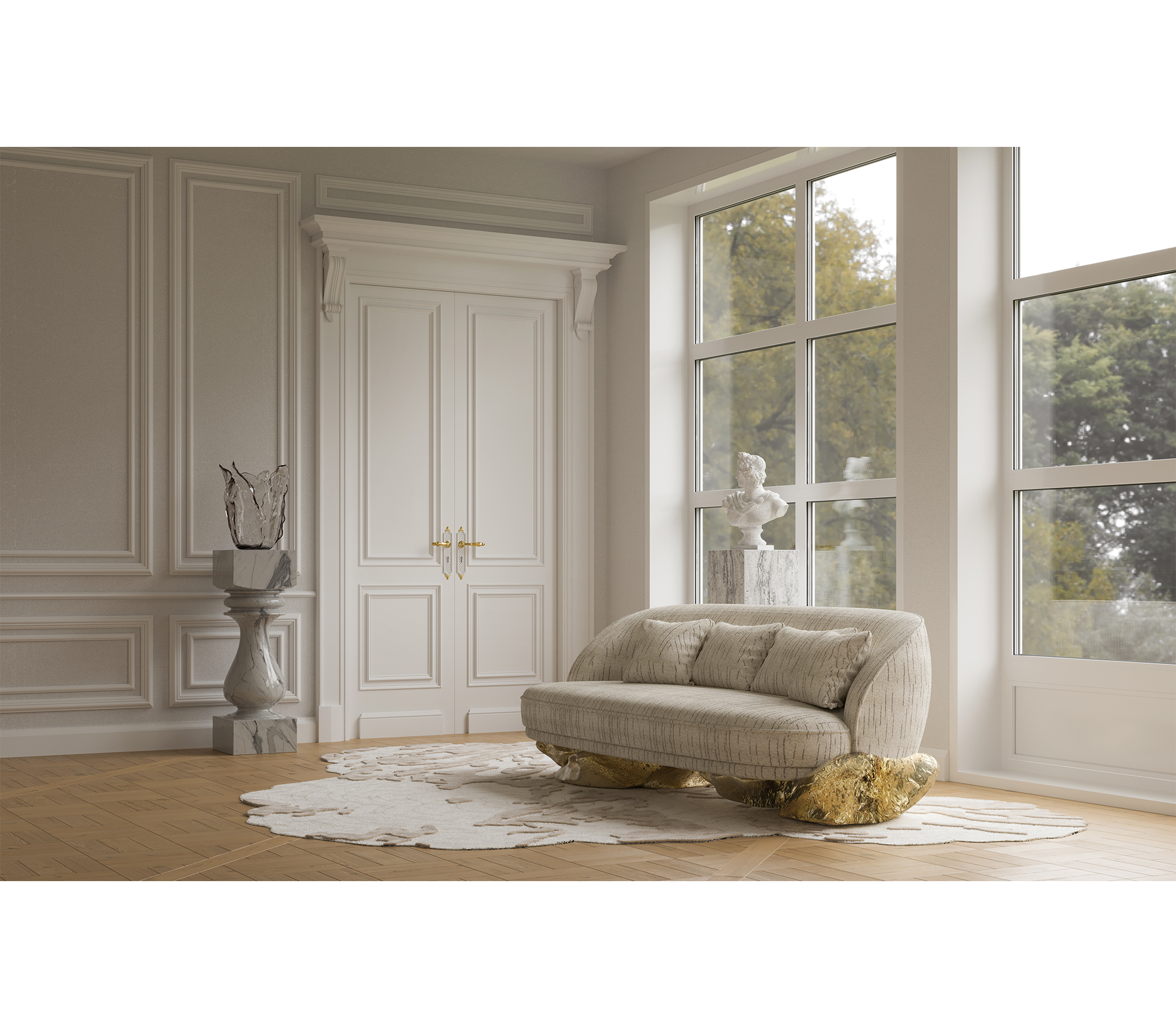 Brass Wood Sculptural Form Sideboard Living Room