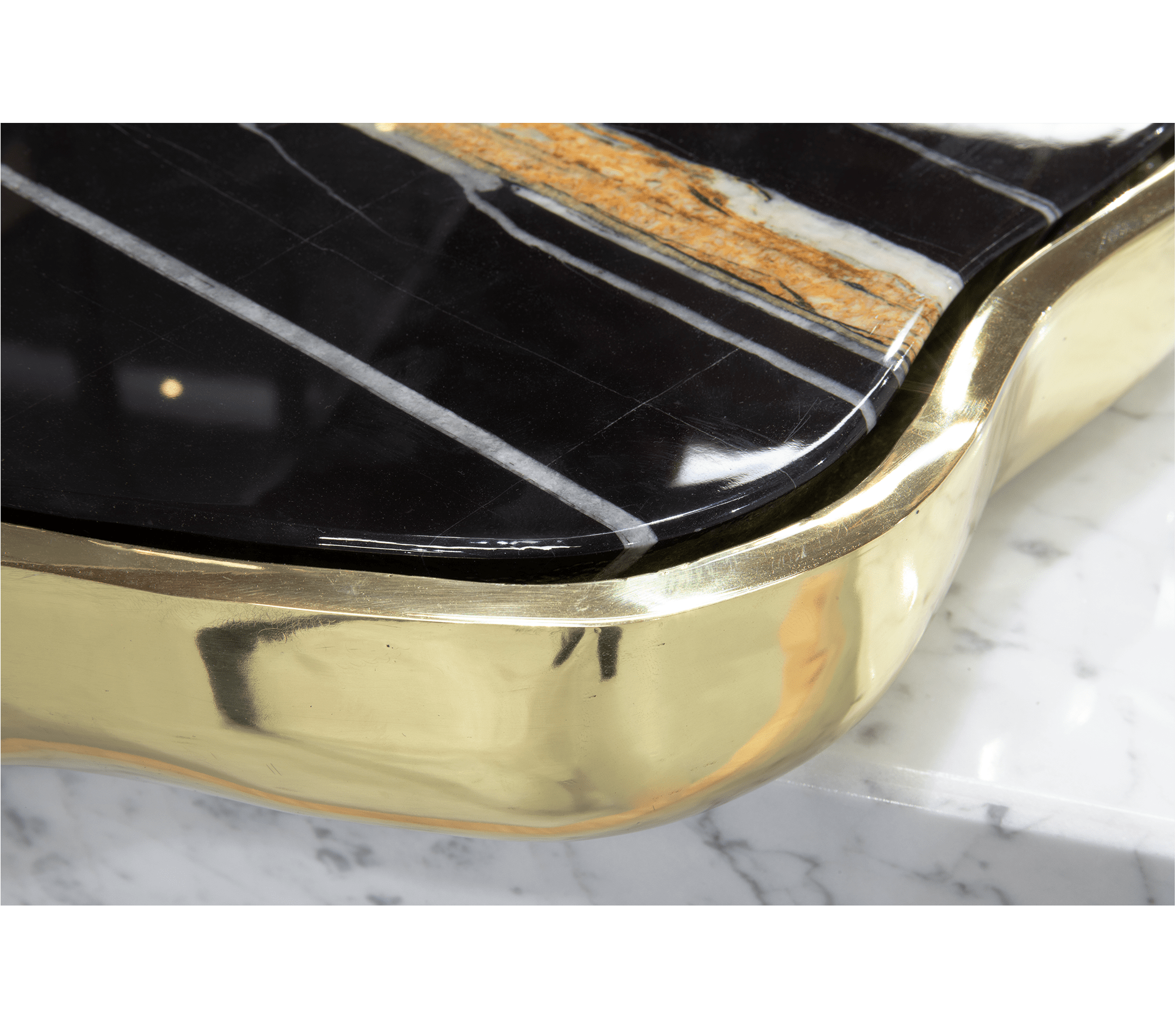 Luxury Sculptural Coffee Table Black & White High-Gloss Marble Finish