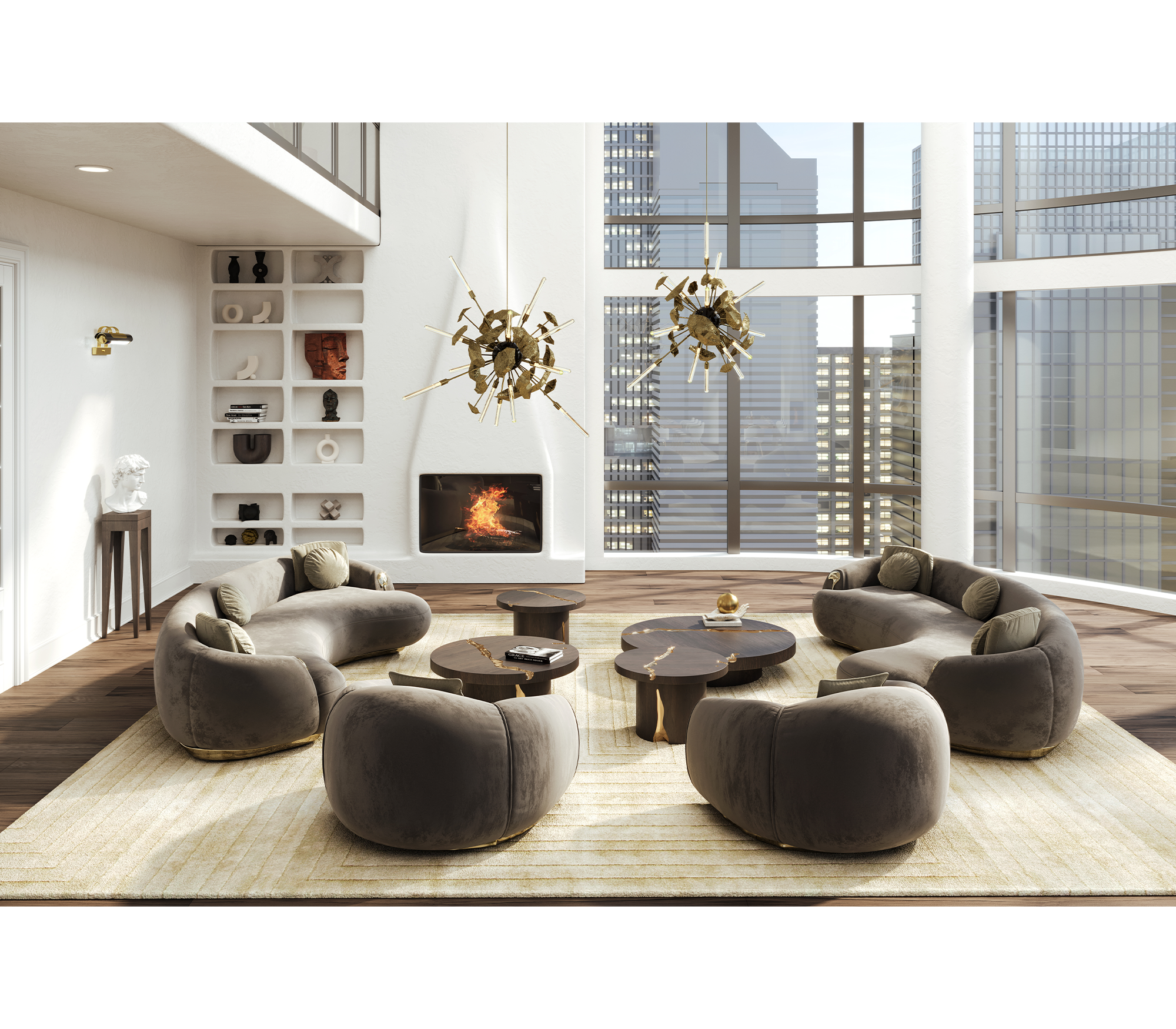 Brass Wood Sculptural Form Sofa Living Room