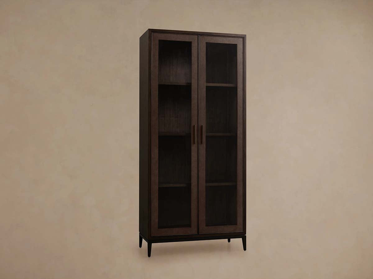 Malone Textured Leather Tall Display Cabinet with Minimalist Style Solid Wood Storage Cabinet with Glass Doors