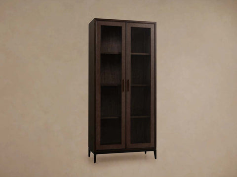 Malone Textured Leather Tall Display Cabinet with Minimalist Style Solid Wood Storage Cabinet with Glass Doors